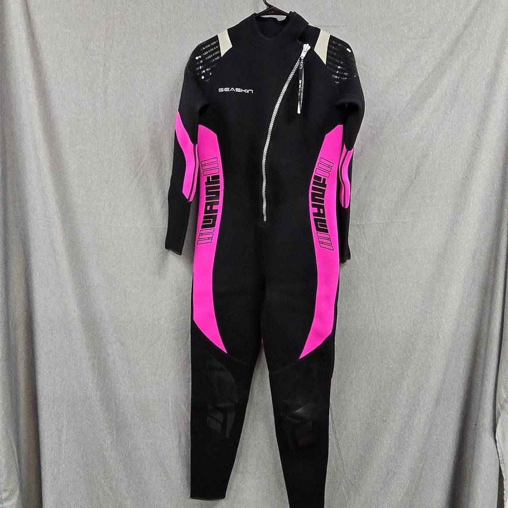 Seaskin Womens Full Body Wetsuit Black Pink Neoprene Front Zip Scuba Diving L